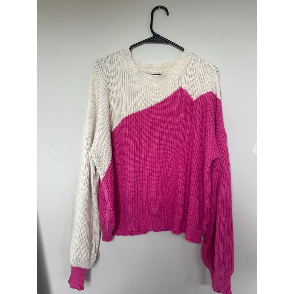 Cupshe Hot Pink & Cream White Diagonal Colorblock Knit Sweater - Size Large